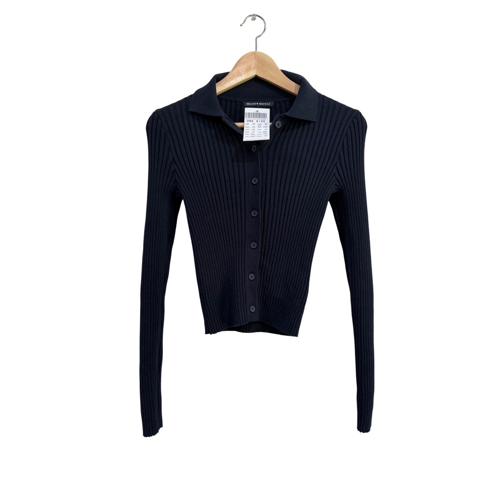 Brandy Melville Navy Blue Ribbed Knit Collared Button Down Cardigan Preppy OS